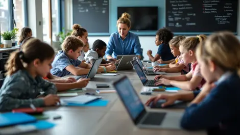 Australian classroom digital learning diverse students using laptops tablets teacher