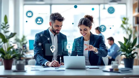 Australian office workers collaborating digital interface data security automation