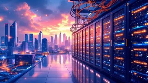 Modern data center rows of servers glowing network cables mnl skyline southeast asia tech