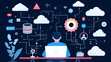 Software developer coding laptop abstract data flows cloud connections data connectors integration modern infrastructure