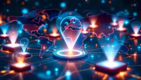 Illustration global network smartphones digital signals advanced ad targeting tech