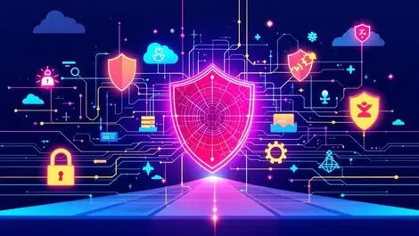 Modern digital illustration secure network servers shields cybersecurity uk australia