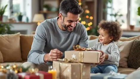 Happy father in uk opening gift from child in cozy living room with festive table