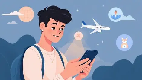 Young new zealander using smartphone with travel insurance icons and plane background
