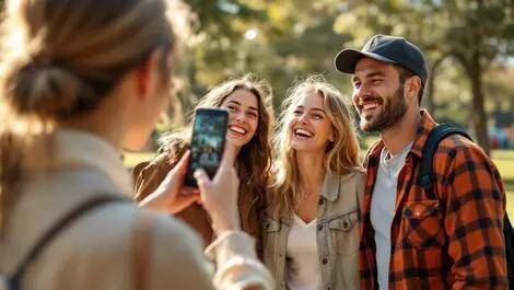 Young australian woman taking photo of friends smiling outdoor park sunny day
