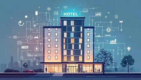 Modern hotel building digital interface charts connection lines hospitality growth uk