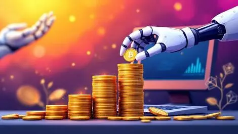 Robotic hands placing coins growing stack computer ai automation