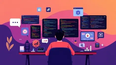 Software engineer at desk with secure code and automation icons speed security