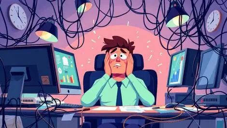Stressed office worker cluttered desk tangled cables multiple monitors uk