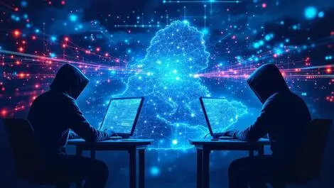 Digital illustration two hooded figures at computers facing middle east network conflict