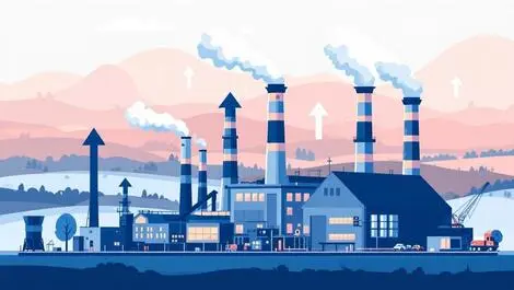 Factory smokestacks machinery growth arrows british countryside hills