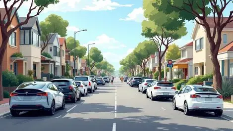 Suburban australian street parked cars electric vehicles people walking
