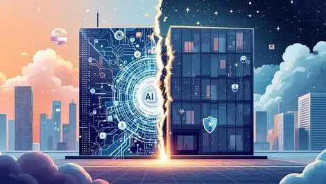 Modern office building split ai digital patterns and cracked security shields