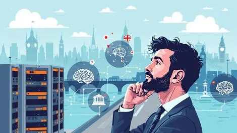Thoughtful british business executive ai servers uk landmarks illustration