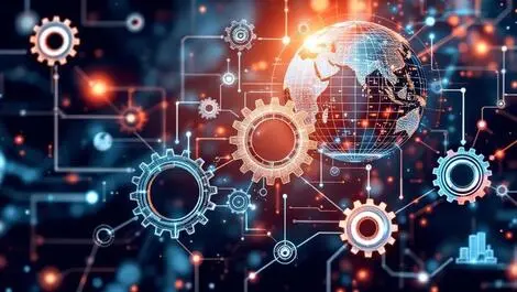 Interconnected gears data flows process automation optimization global market impact