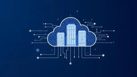Cloud computing data flow to office buildings enterprise technology modern