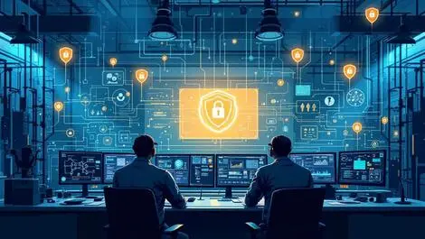 Industrial control room with monitors network diagrams security shields