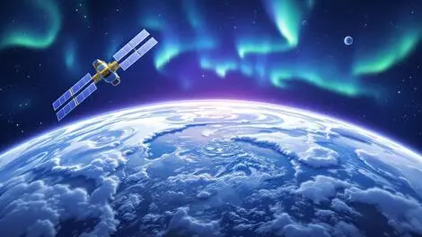 Satellite orbiting earth northern canada aurora borealis clouds illustration