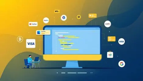 Digital illustration computer screen game code payment icons gaming platforms developer