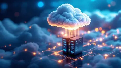 Realistic cloud hovering over modern and onpremise servers with ai connections