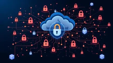 Digital illustration secure cloud icon interconnected locks shields government background