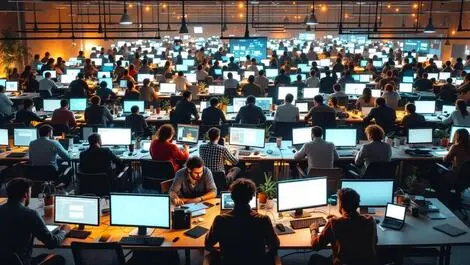 Bustling office team collaborating brainstorming coding software ai