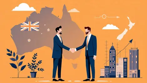 Businesspeople shaking hands australia new zealand map financial growth