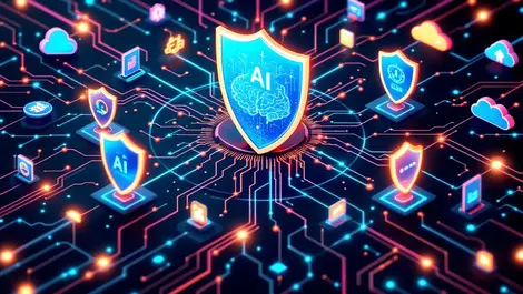 Interconnected shields ai brain circuits servers cloud tech collaboration