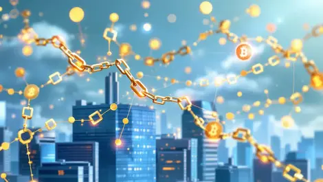 Interlinked golden blockchain chains above modern financial district skyline