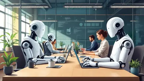 Business office humans humanoid robots using computers tablets collaboration ai