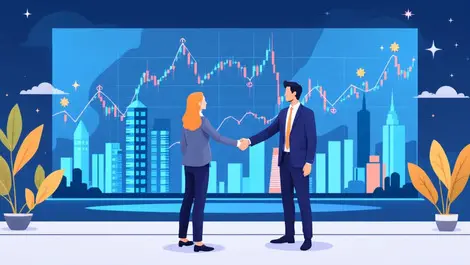Business professionals shaking hands digital financial charts australian city skyline successful investment fintech collaboration wealth management