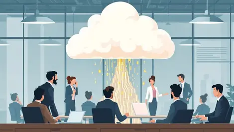 Digital data leak from cloud surrounded by concerned business professionals in modern office