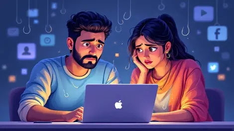 Indian couple worried looking at laptop fishing hooks phishing scam