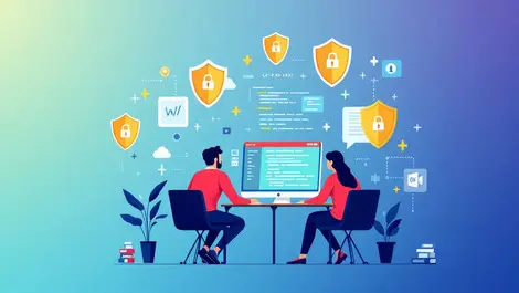 Team software developers collaborating secure development shields code