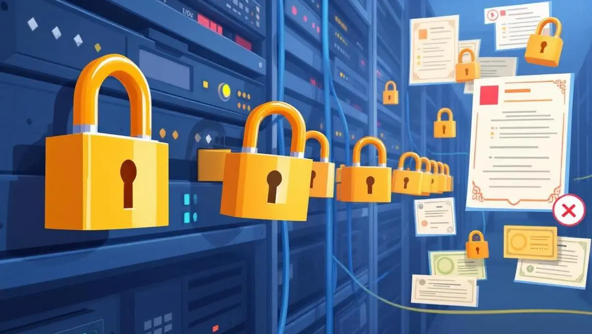 Illustration computer server room security certificates padlocks cables fading expiring