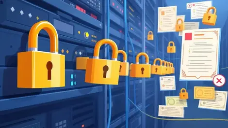Illustration computer server room security certificates padlocks cables fading expiring