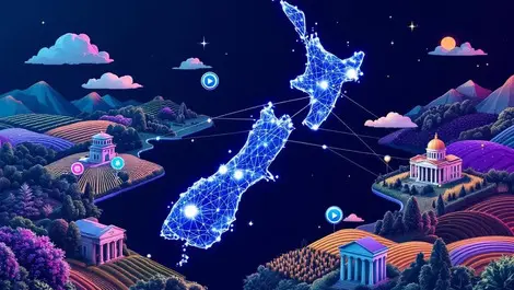 Realistic illustration new zealand map blockchain network agriculture banks tech growth