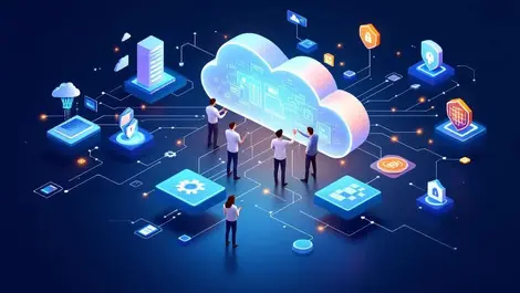 Enterprise employees collaborating cloud interface digital connections security