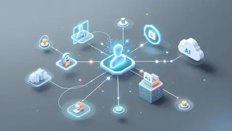 Interconnected ai agent nodes flowing business apps cloud servers integration
