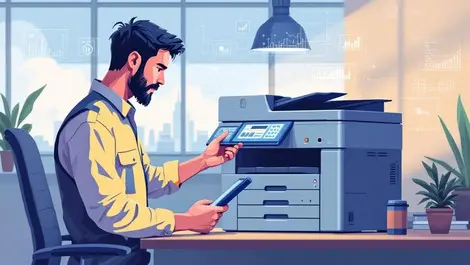 Technician using tablet diagnosing office printer digital interface modern european office