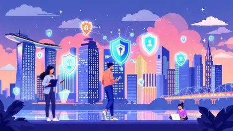Singapore skyline cybersecurity digital shield icons people laptops smartphones