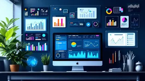 Digital marketing workspace monitors graphs charts collaboration data driven