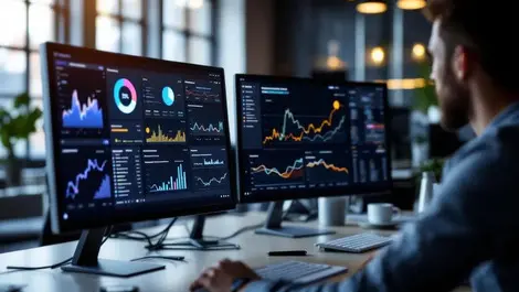 Modern office multiple computer monitors graphs dashboards digital experience monitoring market leadership realistic