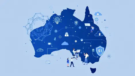 Australian office workers collaborating with digital devices ai cloud cybersecurity