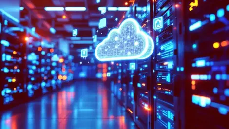 Modern data center server racks cool blue lighting cloud icons technology