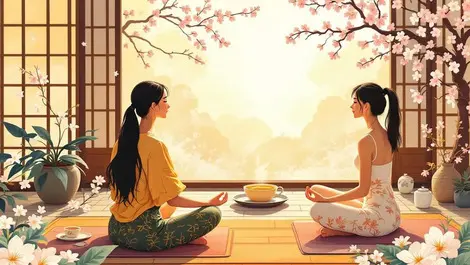 Relaxed people enjoying yoga herbal tea east asian wellness theme