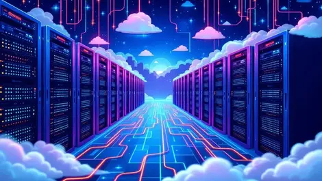 Modern data servers rows vibrant cables cloud computing infrastructure illustration