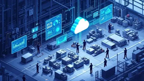 Modern factory floor machinery workers digital screens cloud integration industrial automation