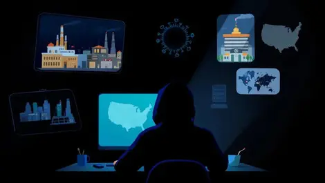 Hooded figure at computer dark room industrial healthcare buildings map north america europe