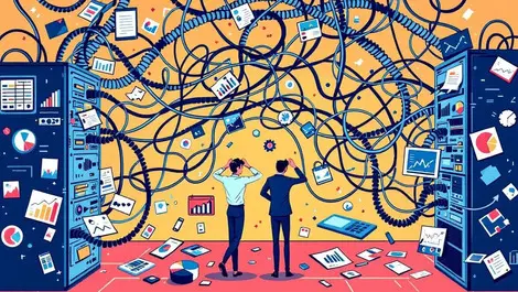 Illustration tangled computer cables messy data servers frustrated australia new zealand businesspeople scattered charts